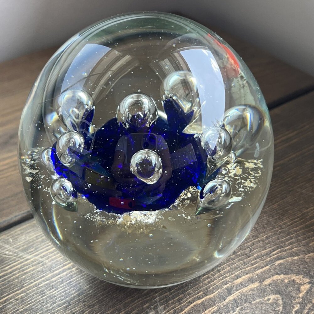 Vintage Blown Art Glass Paperweight Bubbles Gold Specs Unmarked‎ maybe Murano?